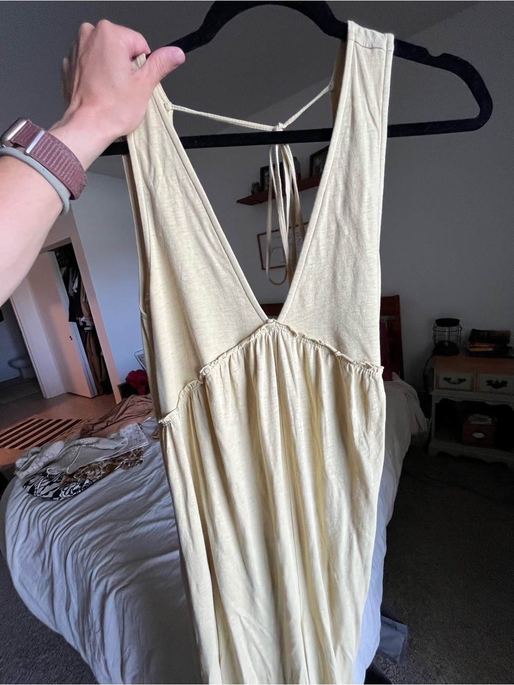 American Eagle Cream Yellow Plunge jumpsuit Tie Back 100% Cotton - Picture 3 of 4
